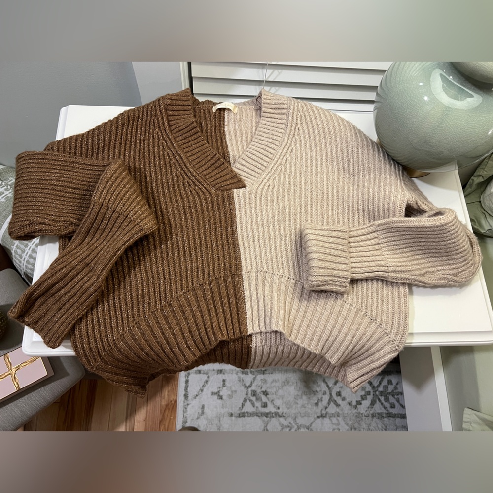 Altar'd State Brown and Cream V-Neck Sweater